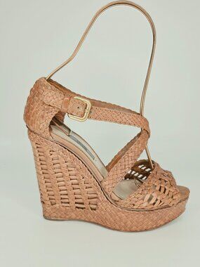 Prada Madras Woven Leather Platform Wedge Sandals
